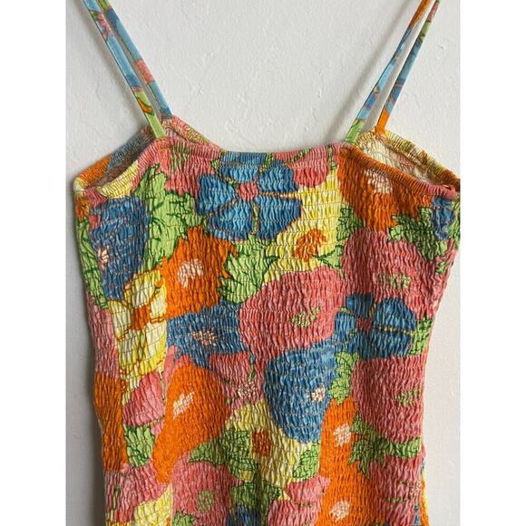 Zara L Dress Hawaiian Floral Smocked Stretch Mini Cover Up Halter 70s Style - Picture 8 of 8